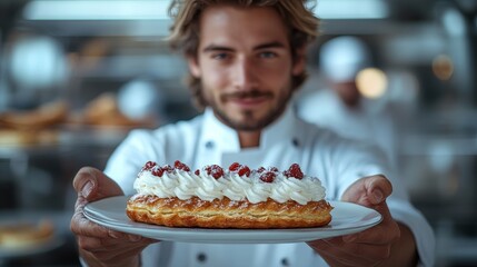 Canvas Print - Chef presents a beautifully decorated pastry topped with whipped cream and raspberries, showcasing it proudly on a plate