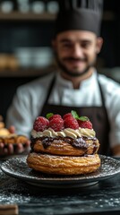 Wall Mural - Chef presents a delicious dessert featuring layers of pastry topped with whipped cream, raspberries, chocolate, and a mint garnish