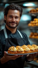 Canvas Print - Smiling chef in a black apron holds a tray of pastries with creamy toppings in a kitchen setting