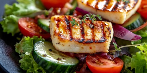 Poster - Grilled halloumi cheese arranged beautifully on a fresh vegetable salad, featuring vibrant tomato, crisp cucumber, and crunchy lettuce, creating a visually appealing dish with grilled halloumi cheese.