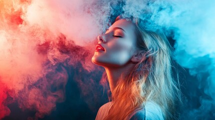 Canvas Print - Woman exhaling colorful smoke in a vibrant portrait