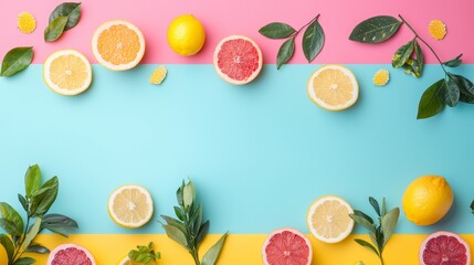 Wall Mural - Flat lay of citrus fruits on a pastel blue background