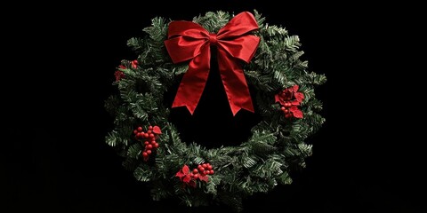 Wall Mural - Christmas wreath with red bow on black