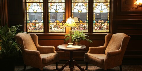 Wall Mural - Three armchairs positioned around a small table create an inviting working space in a corner of a room, enhanced by the beauty of stained glass windows. Perfect for a cozy working space setup.