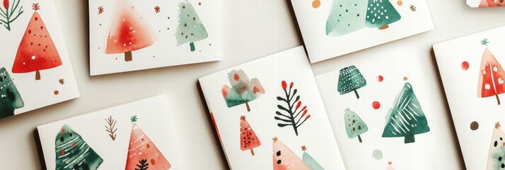 Aufkleber - Colorful Christmas cards featuring festive trees and patterns for holiday greetings and celebrations. Generative AI