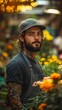 © TheGoldTiger - Man with tattoos, wearing a cap and apron, stands among vibrant flowers in a warmly lit garden setting