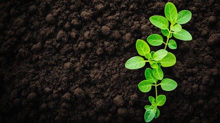 Wall Mural - Tiny green plant is sprouting from the ground in a patch of dirt. The dirt is a dark brown color, and the plant is small in size