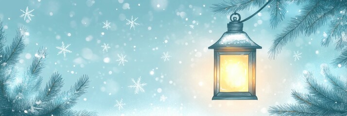 Poster - Winter doodle of a glowing street lantern surrounded by softly falling snowflakes in a serene nighttime setting. Generative AI