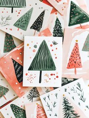 Aufkleber - Collection of colorful hand painted Christmas cards featuring various tree designs scattered around on a festive background. Generative AI