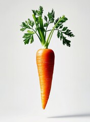 Wall Mural - Carrot is shown with its stem and leaves still attached. The carrot is cut in half and he is floating in the air. Concept of freshness and vitality, as the carrot is a symbol of health and nutrition