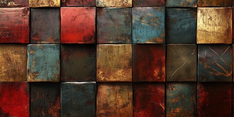 Leinwandbilder - Abstract background featuring a grunge style design, with painted and scratched metallic texture on wooden cube elements. This unique look emphasizes the rustic and artistic feel.