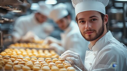 Canvas Print - Chef in a white uniform is arranging freshly baked macarons, with other chefs working in the background of a kitchen