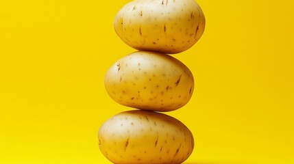 Wall Mural - Three potatoes stacked on top of each other on a yellow background. Concept of stability and balance, as the potatoes are evenly stacked and appear to be in perfect alignment