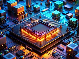 Poster - Low Light Close-Up: Intricate Circuit Board & Central Processor