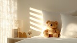 Sunlit bedroom with teddy bear on bed.