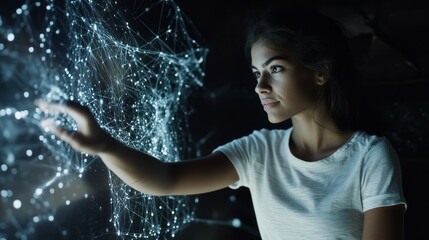 Fototapete - Woman touching the surface of an abstract digital data mesh, with complex neural networks and data streams glowing around her 5