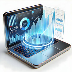 Wall Mural - 3D Glossy laptop with holographic stock market chart concept as Medium shot of a sleek laptop with a holographic stock market chart projecting from its screen. Camera gently zooms out to reveal ample 