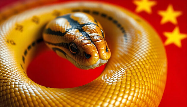 A coiled snake with a golden body and black markings on a red background with yellow stars, representing the Chinese flag, Chinese new year 2025, year of the snake, created with generative ai
