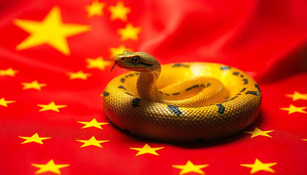 A coiled snake with a golden body and black markings on a red background with yellow stars, representing the Chinese flag, Chinese new year 2025, year of the snake, created with generative ai