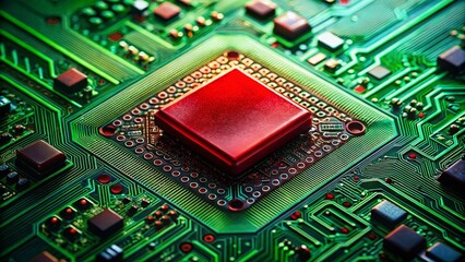 Poster - Macro Close-up of Red Microchip on Green Circuit Board