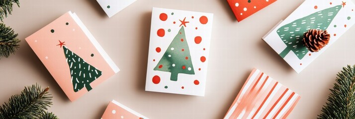 Aufkleber - Colorful Christmas cards arranged on a table with decorative elements and festive designs during the holiday season. Generative AI