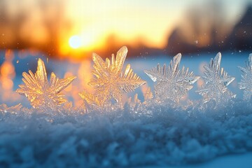 Poster - Beautiful frosty window patterns reflecting sunlight at dawn