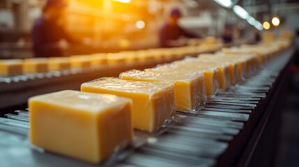 Poster - Blocks of cheese are moving along a conveyor belt in a manufacturing facility, with workers in the background focused on quality control during sunset.