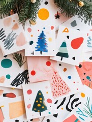 Aufkleber - Colorful collection of handmade Christmas cards featuring festive designs and playful patterns on a winter backdrop. Generative AI