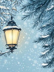 Wall Mural - Glowing street lantern illuminates winter snowflakes in a tranquil evening setting. Generative AI