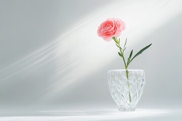 Aufkleber - clean white background with single pink carnation placed in crystal vase under soft light