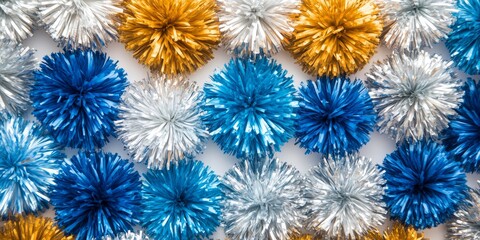 Close up of vibrant blue, silver, and gold pompoms on a white background, showcasing pompoms ideal for sports cheering and festive occasions. These colorful pompoms enhance any cheering experience.