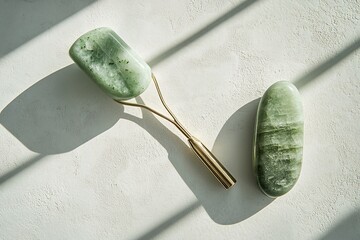 Poster - clean flat lay of jade roller and gua sha stone placed neatly on matte white ceramic surface under soft light
