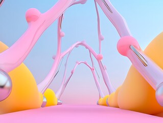 Canvas Print - Abstract pastel pink and yellow 3D rendering of flowing shapes and metallic spheres creating a tunnel-like structure.