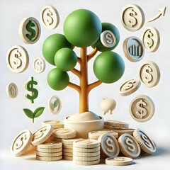 Wall Mural - 3D Levitating Tree and Money Icon Representing Sustainable Finance Concept with Coins on White Background