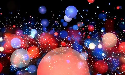 Poster - A vibrant abstract background featuring colorful spheres in red, blue, and white, surrounded by a flurry of sparkling particles against a dark backdrop.