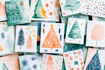 Aufkleber - Creative and colorful Christmas cards featuring various tree designs and festive patterns for holiday greetings. Generative AI