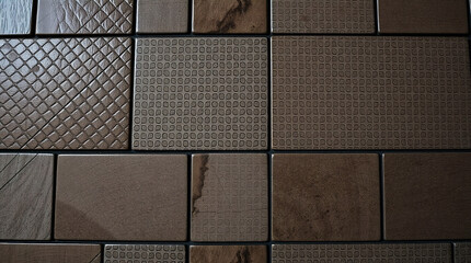 Wall Mural - A close-up shows a mosaic tile arrangement.  The tiles are various shades of brown with different textures, including a diamond pattern and wood grain. The grout lines are dark.