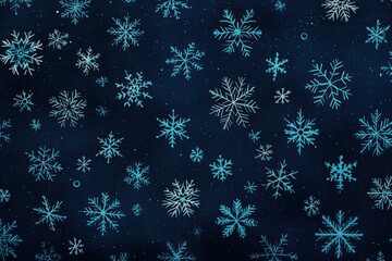 Poster - Snowflakes scatter across a dark blue background creating a winter wonderland effect