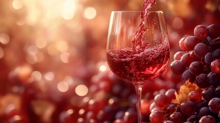 Aufkleber - A glass of red wine is filled with rich liquid as grapes surround it in a vineyard. The sunlight creates a warm atmosphere, enhancing the harvest vibe and inviting taste.
