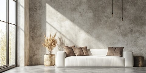 Wall Mural - Contemporary minimalist wallpaper showcasing a simple white sofa and a window, highlighting a stylish and understated aesthetic in the interior design.