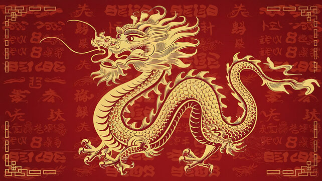 A golden dragon with a flowing mane and whiskers against a red background with Chinese New Year text, Chinese New Year 2025, banner, and poster, created with generative ai