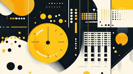 Poster - Abstract Geometric Patterns with Clock and Circles in Black and Yellow