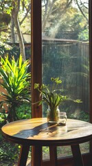 Canvas Print - With natural light pouring in from the window, a rustic wooden table exudes a warm and peaceful vibe, complemented by its simple and elegant design.