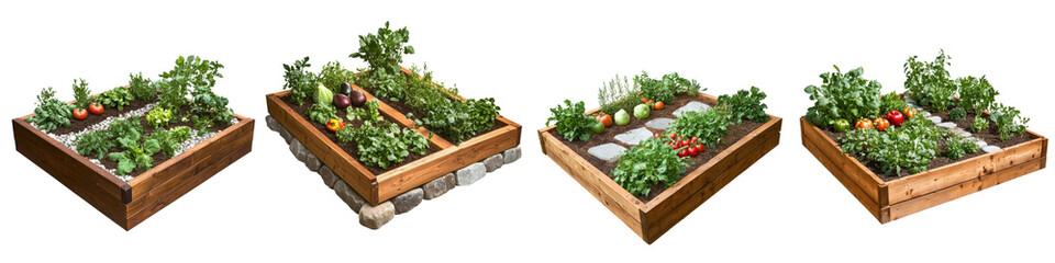 garden decoration. wooden planters filled with lush green plants and vegetables.