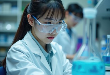 Poster - A female scientist in a lab coat and safety goggles is working on an experiment