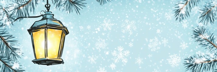 Aufkleber - Winter doodle showcasing a glowing street lantern surrounded by softly falling snowflakes and pine branches. Generative AI