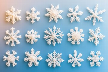Poster - Unique snowflakes of various shapes arranged beautifully on a blue gradient background