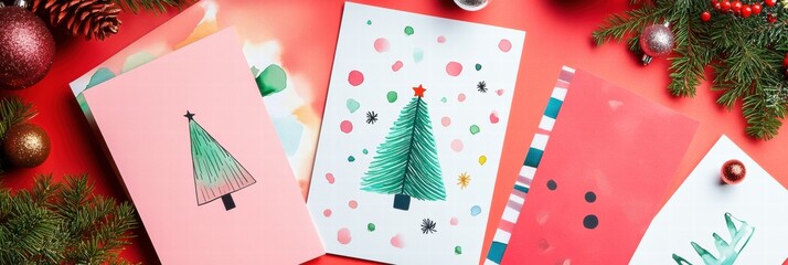 Aufkleber - Colorful Christmas cards displayed on a vibrant red background with festive decorations and greenery around them. Generative AI