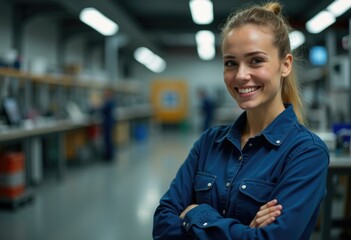 Aufkleber - Smiling woman in a blue shirt standing in a factory.