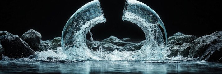 Poster - Water flows through a transparent infinity shape created by rocks and darkness